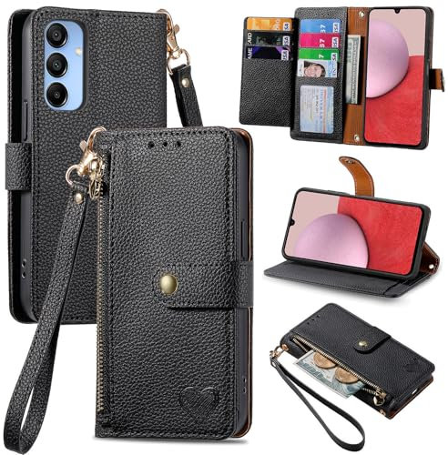 VEEMOS Zipper Wallet Case for Samsung Galaxy A16 / A17 / A26 5G Phone Case with Purse Card Holders RFID Blocking Leather Flip Case Book Cover Wrist Strap Women - Black