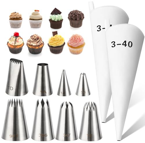 Manga Pastelera Profesional Kit, 2 Piezas 40cm Manga Pastelera Algodón Reutilizable y 8 Boquillas de Repostería Inoxidable para Decoración de Tartas y Cupcakes, Galletas