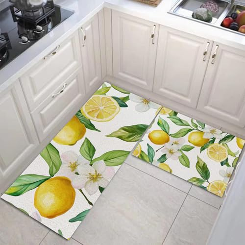 MULERN 2 Stück Küchenläufer Süße Zitrone, Wasserdicht Küchenteppiche, Waschbar Teppich Läufer Küche, Obst rutschfest Küchenmatte Für Esszimmer Küche Flur, Foyer 43X75Cm+43X150Cm