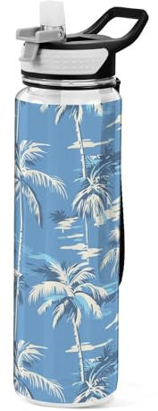 Mnsruu Bouteille d'eau de 1 l avec paille - Anti-fuite - Sans BPA - Motif palmiers bleus - Pour homme, femme, enfant
