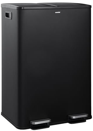 CASABEL Poubelle Cuisine Tri Sélectif 60L - 2 x 30 Litres, Double Compartiments 2x30L, Acier INOX Noir, Poubelle Recyclage Rectangulaire à Pédales, Anti Traces, Anti Odeurs, Entreprise Française