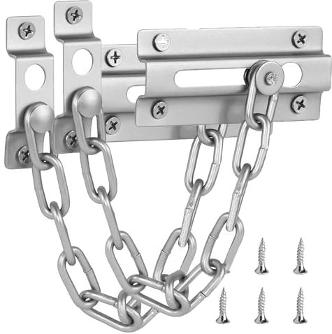 UDNUYFGZ Lot de 2 chaînes de porte robustes en acier inoxydable pour porte d'entrée – Tête carrée renforcée à 9 maillons avec 6 vis – Serrure de porte sécurisée et serrure de chaîne de porte pour la