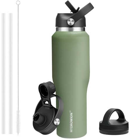 HYDROWION Water Bottle Stainless Steel,Vacuum Insulated Leak Proof Tumbler 32oz with Straw Lid, Spout Lid and Flex Cap(Cold for 48 Hrs, Hot for 24 Hrs), Fit in Any Car Cup Holder, Moss
