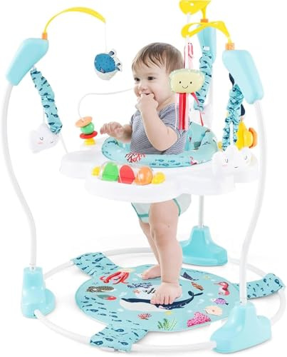 Baby Activity Center, 3 in 1 Play Center Jumpers and Bouncers with Music, Lights, Interactive Toys, 360°Rotating Seat, 3 Adjustable Heights, Exersaucer Learning Toys for Baby 6-12 Months (Light Blue)