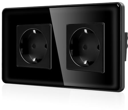 CNBINGO Enchufe doble empotrado con marco de cristal curvado, 2 enchufes, color negro | Enchufe doble Schuko con placa de cristal curvado de 2,5D, 16 amperios, enchufe de pared con protección para niños