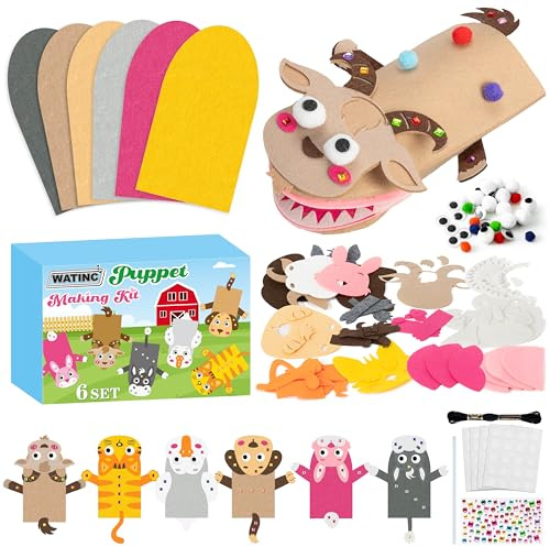 WATINC 6pcs Felt Handpuppe DIY Art Craft Set, Kunsthandwerk gefühlt Socke Puppet Spielzeug, kreative DIY Machen Sie Ihre eigenen Pompoms Wiggle Googly Augen Storytelling Rollenspiel (Farmtiere B)