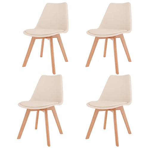 Bricozone Set di 4 Sedie per Sala da Pranzo Ufficio Soggiorno Sala Riunione con Gambe in Legno di Faggio Massello Stile Nordico Scandinavo Seduta Imbottita in Ecopelle Beige