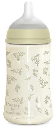 Suavinex, biberon da 270 ml, con tettarella fisiologica in silicone SX Pro, valvola anticolica, flusso medio (M), per liquidi a media densità, latte, succhi o acqua. Neonati +3 mesi. Poetry, verde