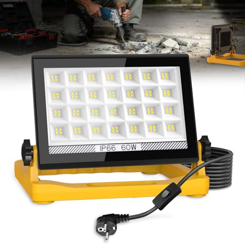 CORESLUX Projecteur LED Chantier 60W 6000K, Lampe de Chantier Éclairage 3 Modes, Étanche IP66, Avec Prise et Cordon de 4M, Portable Pour Garage, Atelier