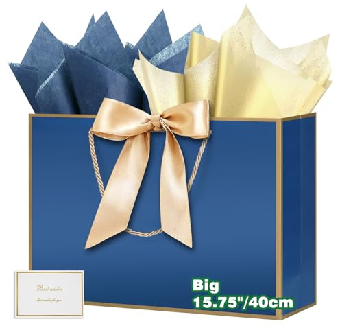 HONTIUS 15,75'' Sacchetti Regalo, Blu Sacchetto Regalo Grandi Maxi XXL con Carta Velina, 40 * 30 * 12.5cm Elegante Borsa Busta Regalo grande Compleanno per Bambini Donne Ragazze Nozze Natale D