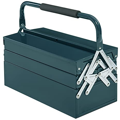 DURHAND Caja de Herramientas Metálica, Maletín de Herramientas de Acero Plegable con 5 Bandejas y Asa, para Taller, Garaje, 45x20x34,5 cm, Verde Oscuro