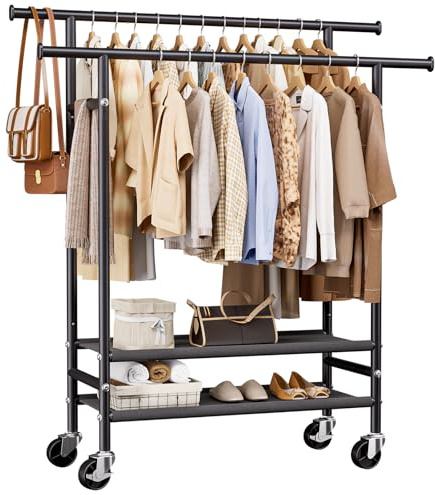 Double Rods Clothes Racks , Rolling Clothing Rack for Hanging Clothes with Wheels & Shelves，Portable Garment Coat Wardrobe Rack for Bedroom,Laundry living Room ,16.93″ L × 39.37″ W × 63.78″ H,Black