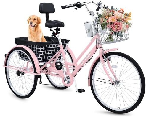 BGGFNZ 24/26 Inch Adult Tricycle, 3 Wheel Bikes for Adults, 7 Speed Beach Cruiser Bike Tricycle for Adults, Adult Tricycles for Women Men with Basket, Coffee Cup, Adjustable Seat