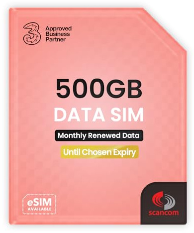 Three 500GB Data SIM Card – for Portable WiFi, Routers & Phones – Preloaded Monthly Until May 2027 – Dual Network (Three & Vodafone) Stronger Coverage