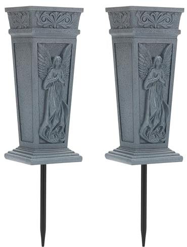 INTERWARM 2 Stück Friedhofsblumenvase Engelsfigur ，Friedhof Blumen Halter | Friedhofsvase Gedenkvase Aus Harz Blumenhalter Für Grabsteine Mausoleen Garten Rasen Hof Außendekoration Grau