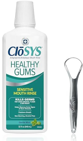 Munvårdsset: innehåller CloSIS Healthy Gums munsköljning 907,2 g med LUXPAKS tungskrapa