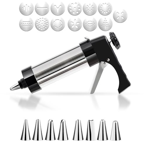 Stainless Steel Cookie Press Gun for Baking with 13 Cookie Discs and 8 Piping Tips for Biscuits, Cream Piping Baking & Decorating (Black)