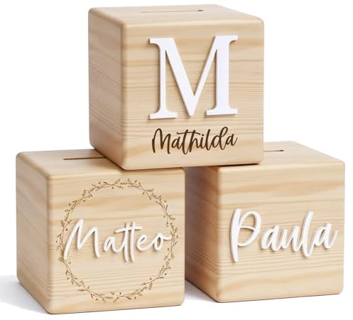 TIEFENWERK® Personalisierte Spardose aus Holz für Kinder – mit Gravur und Acrylnamen – abschließbar mit Schloss & Schlüssel – nachhaltiges Geschenk zur Geburt, Taufe, Geburtstag & Einschulung