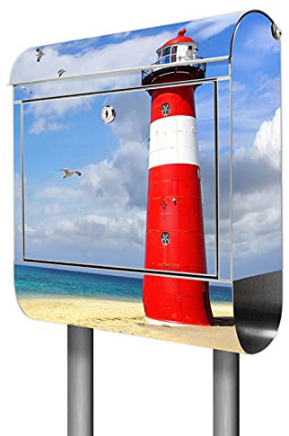 banjado® Standbriefkasten Edelstahl mit Zeitungsfach Motiv Leuchtturm Westkapelle/Briefkasten mit Standfuß/Edelstahl Briefkasten freistehend - A4 Einwurf inkl. 2 Schlüssel