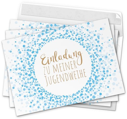 10 x Einladungskarten zur Jugendweihe mit Umschlag/Blau Konfetti Punkte für Jungen und Mädchen/Jugendweihekarten/Einladungen zur Feier