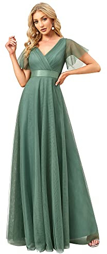 Ever-Pretty Vestito da Festa Donna Linea ad a Tulle Abito da Sera Scollo V Lungo Cerimonia Fagiolo Verde 48