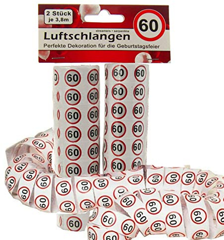 TOP TEN 2 Rollen Luftschlangen mit Verkehrschild Druck Zahl 60 Geburtstag Party Dekoration