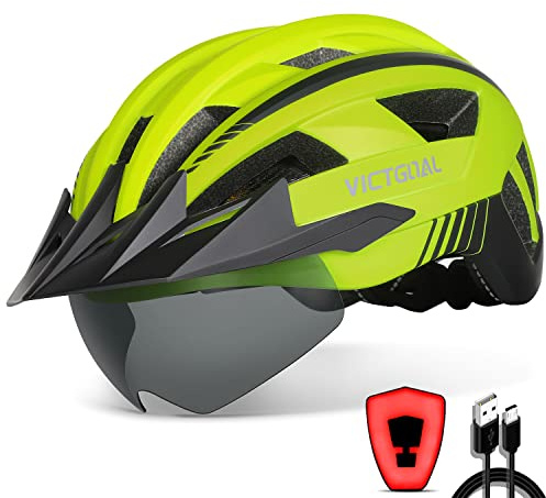VICTGOAL Bike Helmet with USB Rechargeable Rear Light Detachable Magnetic Goggles Removable Sun Visor Mountain & Road Bicycle Helmets for Men Women Adult Cycling Helmets (L: 57-61 cm, Yellow)