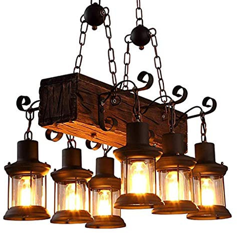 Holz Retro Deckenleuchte Vintage Deckenlampe E27 Antik Industry Holz Kreative Deckenstrahler Eisen Lampeschirm Deckenbeleuchtung für Loft BarWohnzimmer Bar Cafe Dekoration 6 Heads (Keine Leuchtmittel)