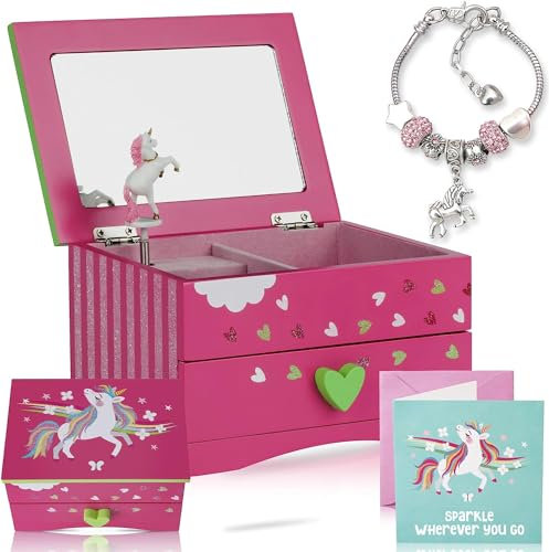 Amitié Lane Unicorn Musical Jewellery Box for Girls - Unicorns Gifts For Girls, Music Box For 5 Year Old Birthday Gifts or Ages 6, 7, 8, Kids Jewellery Box, Unicorn Bedroom Decor For Little Girl: Pink