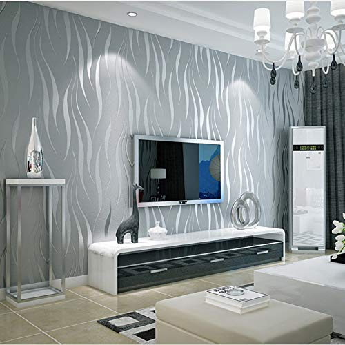 Simple Fashionable Non-woven Wallpaper 3D Embossed Three-dimensional Flocking Foaming Wave Stripes Bedroom Living Room TV Background Wall Shop Decoration20.87Wx393.7L Non-Pasted (Silver gray)