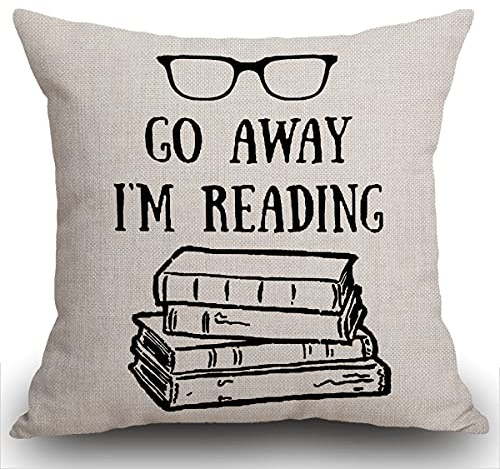 Smooffly Kissenbezug für Buchliebhaber, Lesebücher, Club, Bibliothek, schwarze Brille, Go Away I'm Reading, Baumwollleinen, für Zuhause, Büro, Innenbereich, dekorativ, quadratisch, 45 x 45 cm
