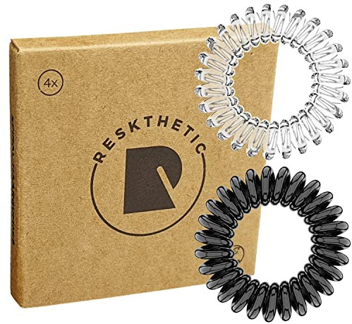 Reskthetic - hochwertige Spiral Haargummi (transparent/schwarz), schonend zum Haar, nachhaltig, umweltfreundlich, (Telefonkabel, Zopfgummis) für Mädchen & Frauen/Damen (4 x 3,5 cm)
