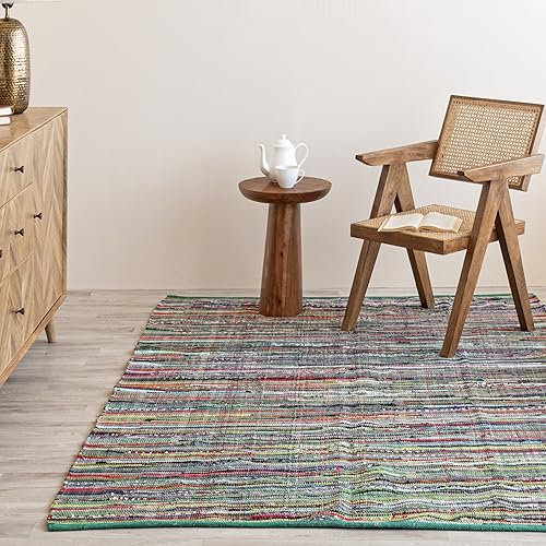 HOMEMONDE Boho Chindi Flickenteppich, recycelt, weicher Baumwollstoff, handgefertigt, wendbar, Bauernhaus-Stil, Boho-Teppiche für Schlafzimmer, Wohnzimmer, Küche, Eingangsbereich, 120 x 150 cm,