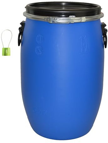 ITP Packaging 60 Litre Plastic Blue Open Top Storage Barrel with Lid, Latch Ring and LOCK, UN Approved, Food Grade Transport Storage Drum Keg