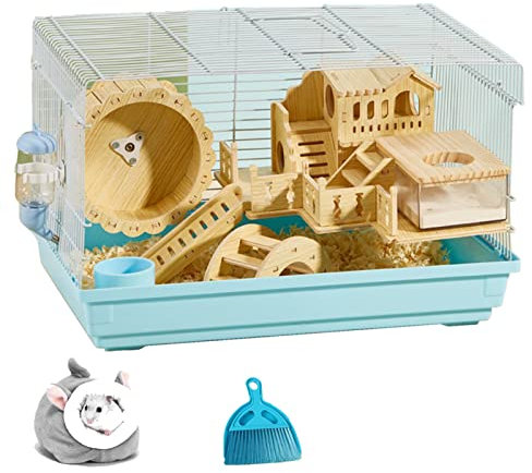 xixi-Home Hamsterkäfig mit 2 Etagen, syrischer Hamster, Zwerghamster, Kleintierkäfig, Lebensraum mit Griff, Zubehör, leicht zu reinigen, großer Haustierkäfig für Mäuse, Ratten46 x 30 cm (Blau 2)