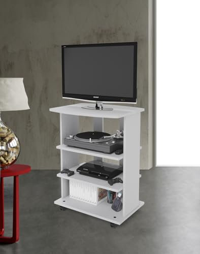 Linea Azzurra Carrello Porta TV Elide Rotelle e Ripiani in Legno Made In Italy per Soggiorno Adatto a Ogni Esigenza di Arredo (Bianco frassinato)