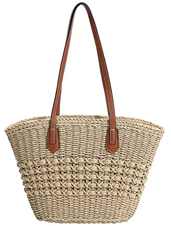 TIAASTAP Stroh Handtasche Damen, Sommer Strandtasche Stroh Korbtasche Geflochten Strohtaschen Damen Basttasche mit Reißverschluss und Leder Schultergurt für Einkauf Strand Reise, Hellbraun
