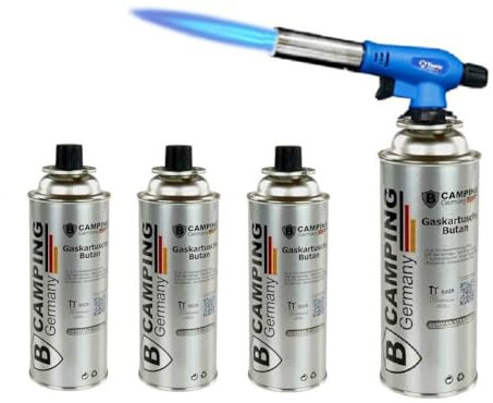 Beste Angebote Gasbrenner + 4 Gaskartusche, Lötbrenner Bunsenbrenner Lötlampe Brenner + 4xGas Gasbrenneraufsatz mit Piezozündung BLAU