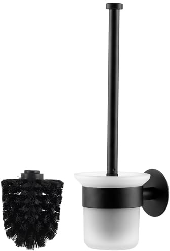 MaxDoux Escobilla de inodoro sin taladrar, incluye cepillo de repuesto, color negro | Escobilla de baño de pared autoadhesiva, acero inoxidable y cristal, para baño