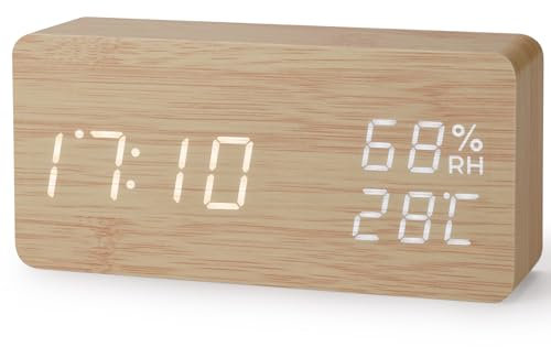 Virklyee Wecker aus Holz digital Würfel Uhr Digitaler Wecker mit LED Temperaturanzeige,12/24HR,3 Stufen einstellbar Helligkeit, mit USB-Ladeanschluss (Rechteck Holzfarbe)