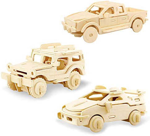 Georgie Porgy 3D Wooden Puzzles for Kids Toys Construction Woodcraft Kits DIY Model Puzzle Kits Birthday Gifts Pack of 3 (Sports Cars Off-Road Vehicle Pickup)