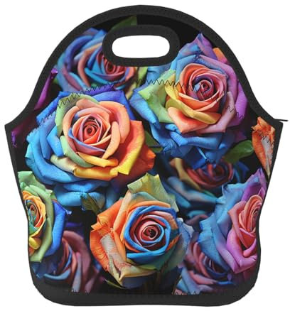 Bolsa de almuerzo de neopreno para mujeres y hombres, rosas multicolor sobre fondo negro, lonchera aislada, bolsa de almuerzo portátil, bolsa de almuerzo reutilizable, lavable, lonchera de viaje,