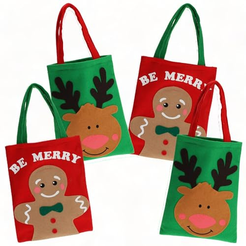 MIJOMA 4 Stück Set Weihnachtliche Geschenktaschen aus Filz, Gemütliche Elch- und Lebkuchenmann-Applikationen, Grün & Rot Gemischt, Perfekte Geschenkverpackung für Familie und Freunde - 26 x 21 cm