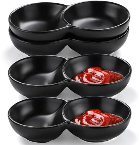 CHWAIKA Sojasaucenschale Keramik Dual Dipping Sauce Tassen Set von 4 Dipping Sauce Schalen Zwei Fächer Unterteilte Soßenschale für Sushi Saucen Soja Gewürze (Schwarz)