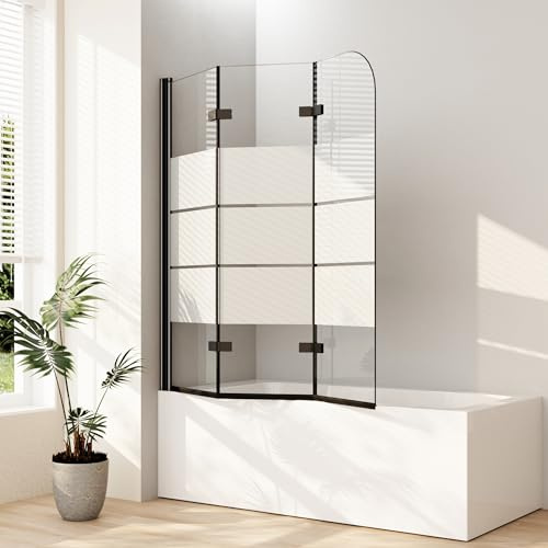 Gestreift Duschwand für Badewanne Schwarz, Duschwand 140x140cm 3-teilig faltbar Schwarz Duschtrennwand für Badewanne Duschabtrennung Badewanne Milchglas Badewannenaufsatz 6mm ESG Glas