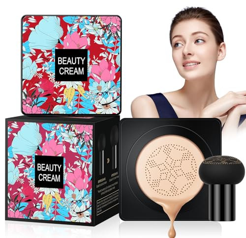 Mushroom Head Air Cushion CC Cream, Moisturizing & Oil Control Foundation Cover Concealer, Long Lasting Air Cushion CC Cream with Mushroom Makeup Sponge, Liquid Foundation BB Cream for Women Makeup