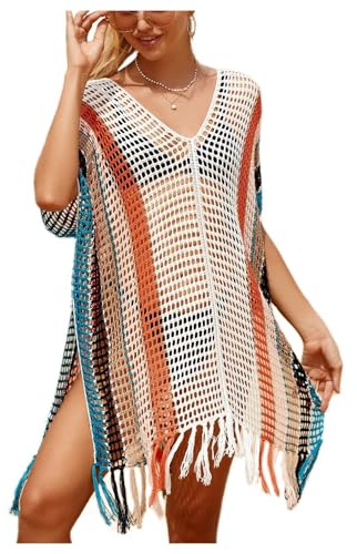 Robe de Plage Femme Cache Maillot de Bain Décontractés Colorés Couvrant Élégante Sexy Franges Tricotés Bikini Cover Up d'été Col V Grande Taille Ample Crochet Mode Bohème Femmes Blanc