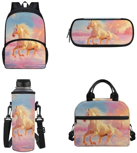 Binienty Kinder-Rucksack für Teenager, Mädchen, Jungen, Schultasche, 4-in-1-Set, Schultasche mit Lunchtasche, Federmäppchen, Wasserflaschentasche, Pinkes Pferd, Einheitsgröße