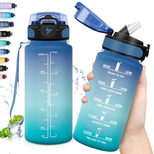 Grsta 500ml Borraccia Bambini, Borraccia Motivazionale con Cannuccia, con Orari per Bere, Facile da Trasportare, con Scala Temporale, per Scuole, Uffici