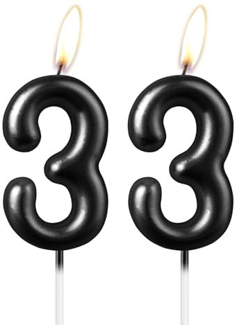 Bougie noire nacrée en forme de chiffre 33, belle décoration de gâteau d'anniversaire noire étincelante pour homme et femme